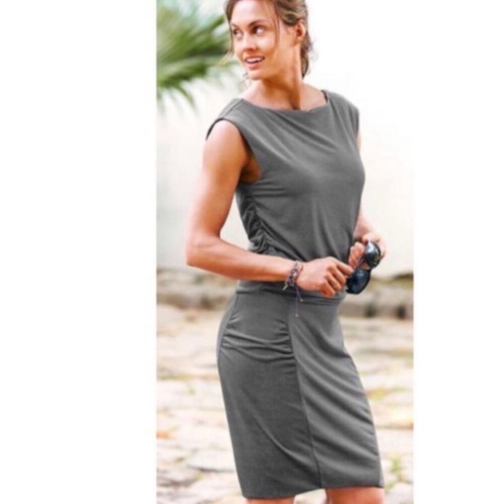 Athleta Microstripe‎ Westwood Ruched Sleeveless Dress Black Gray Size L